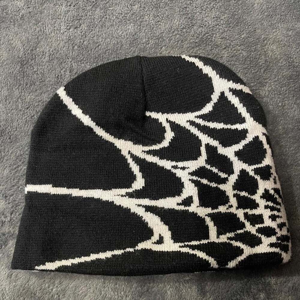 Shein Black and White Spider Web Knit Beanie - Picture 2 of 5